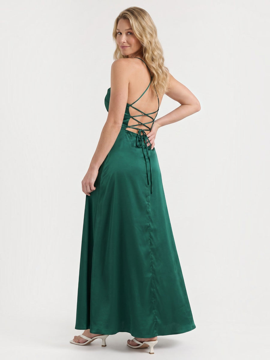 Indie Satin Cowl Neck Midi Dress with Slit