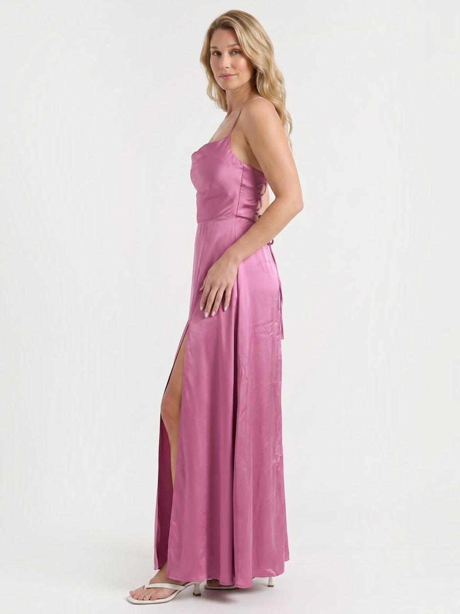 Indie Satin Cowl Neck Midi Dress with Slit