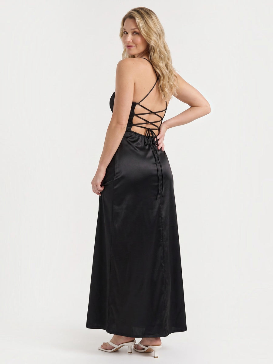 Indie Satin Cowl Neck Midi Dress with Slit