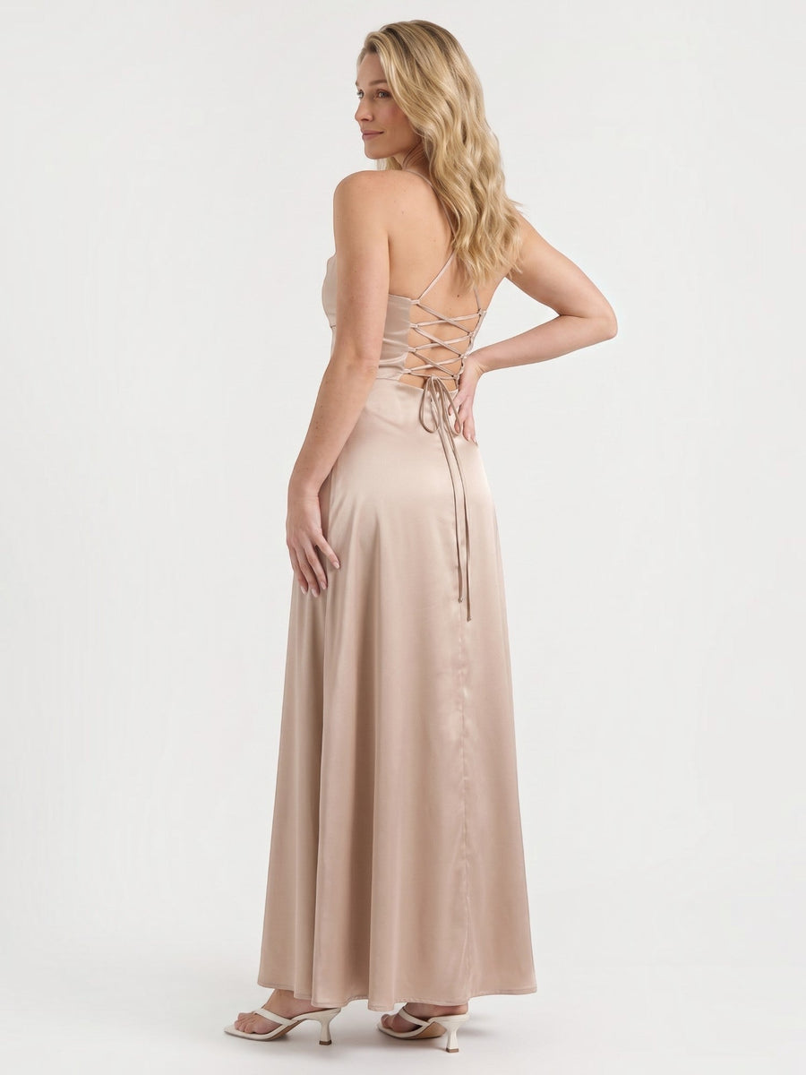 Indie Satin Cowl Neck Midi Dress with Slit