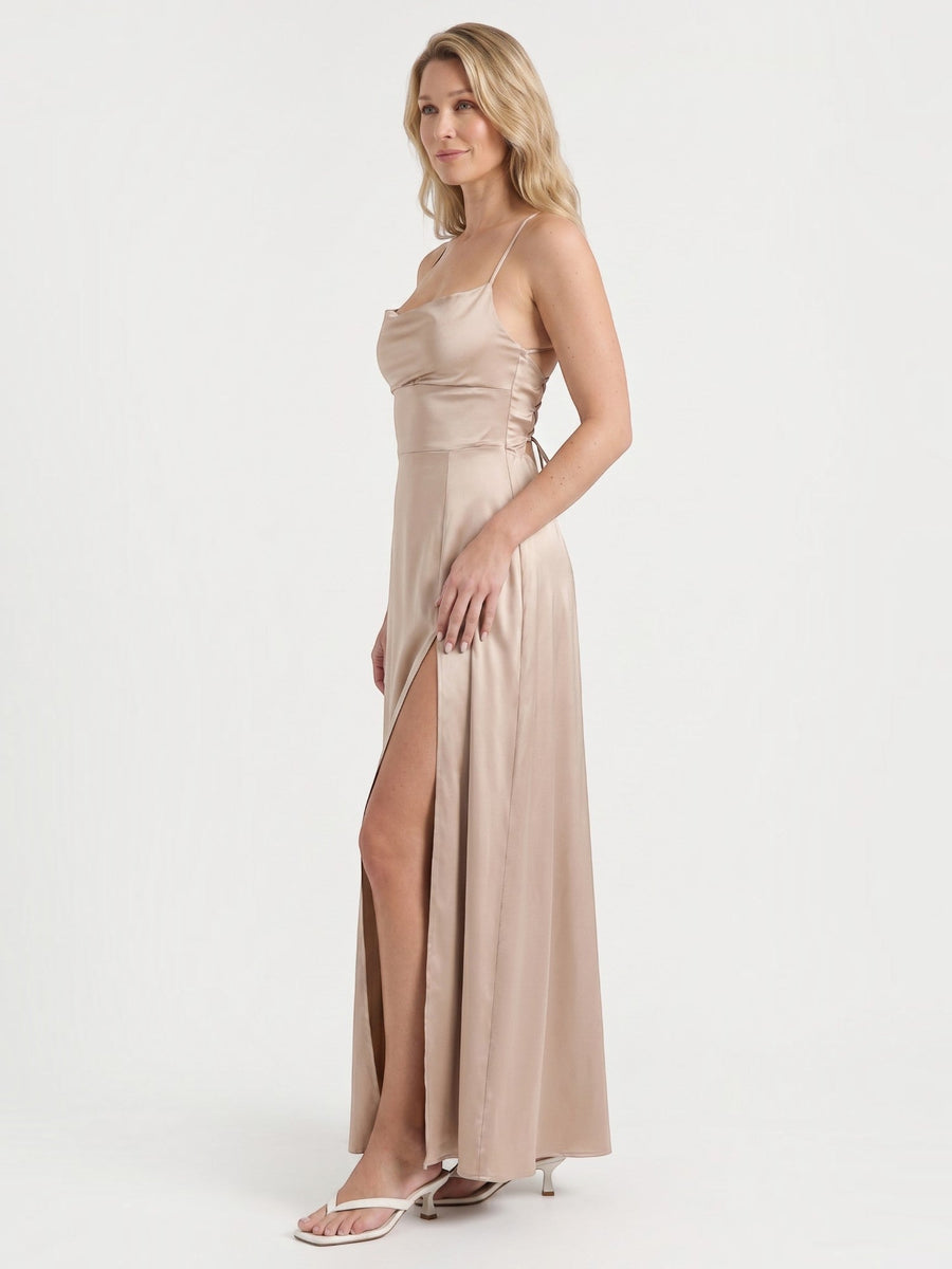 Indie Satin Cowl Neck Midi Dress with Slit