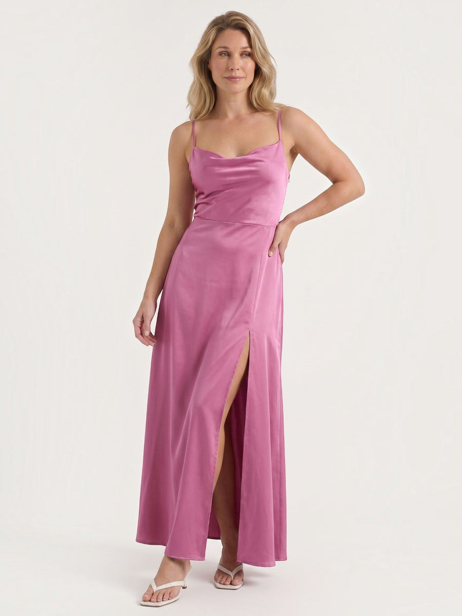 Indie Satin Cowl Neck Midi Dress with Slit