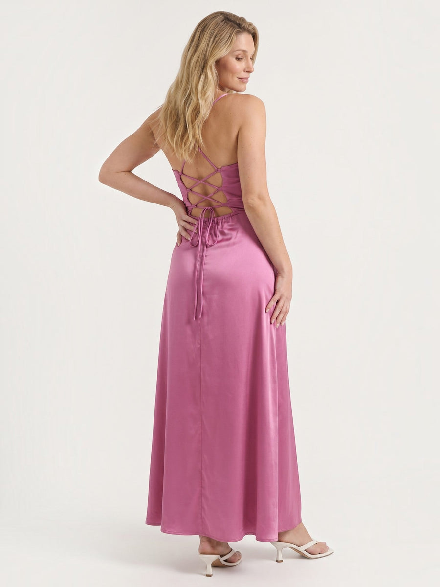 Indie Satin Cowl Neck Midi Dress with Slit