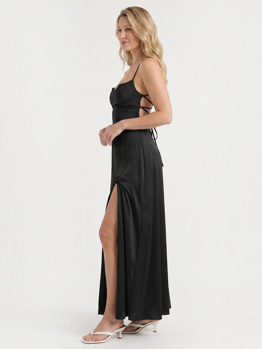 Indie Satin Cowl Neck Midi Dress with Slit