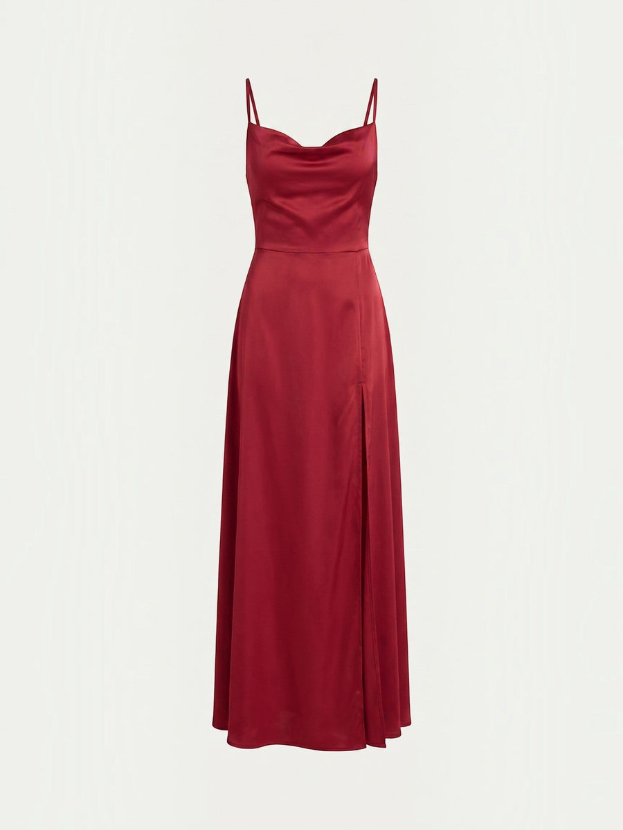 Indie Satin Cowl Neck Midi Dress with Slit