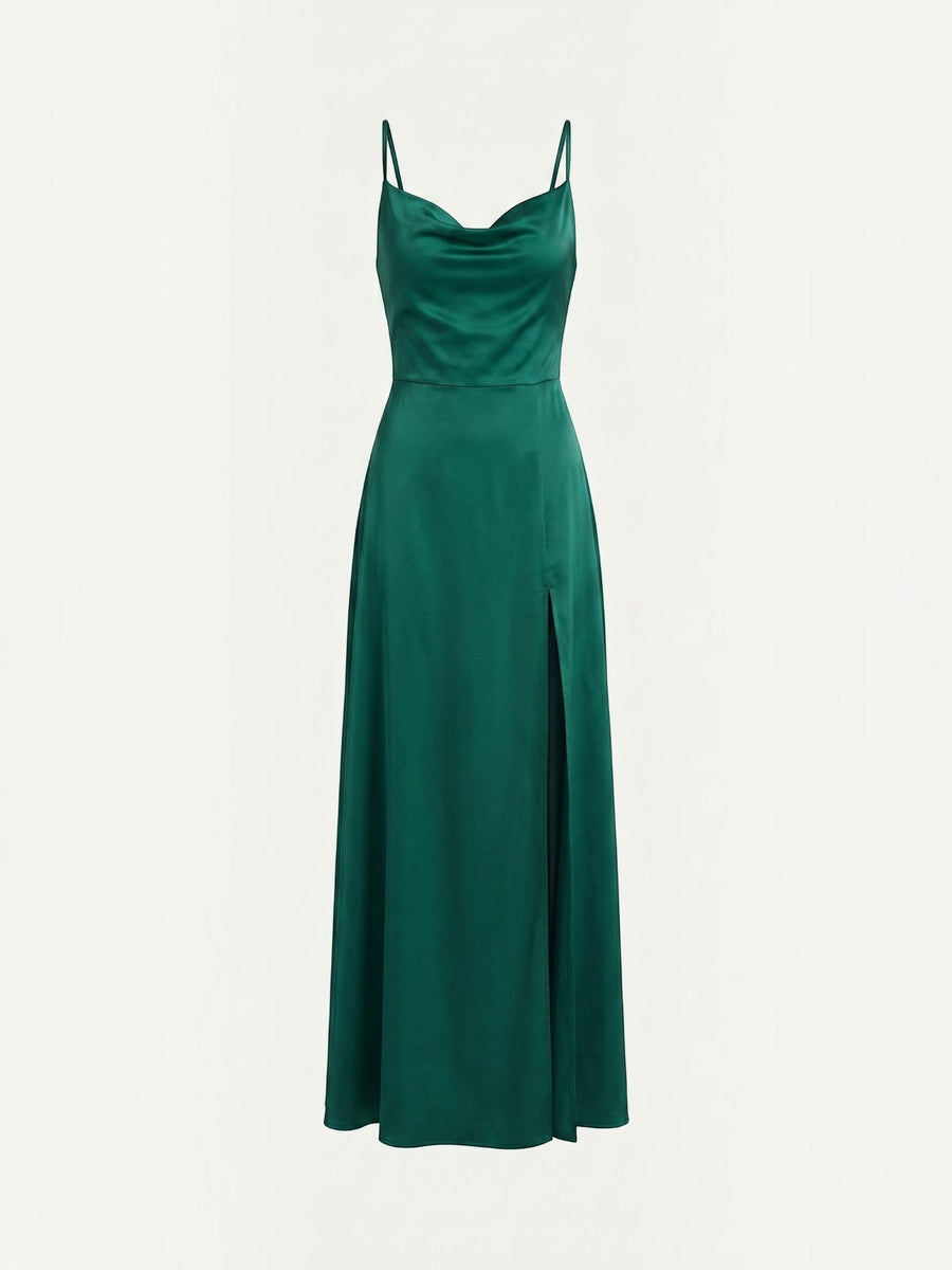 Indie Satin Cowl Neck Midi Dress with Slit