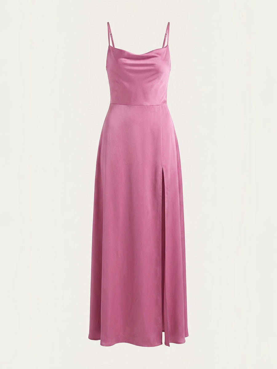 Indie Satin Cowl Neck Midi Dress with Slit