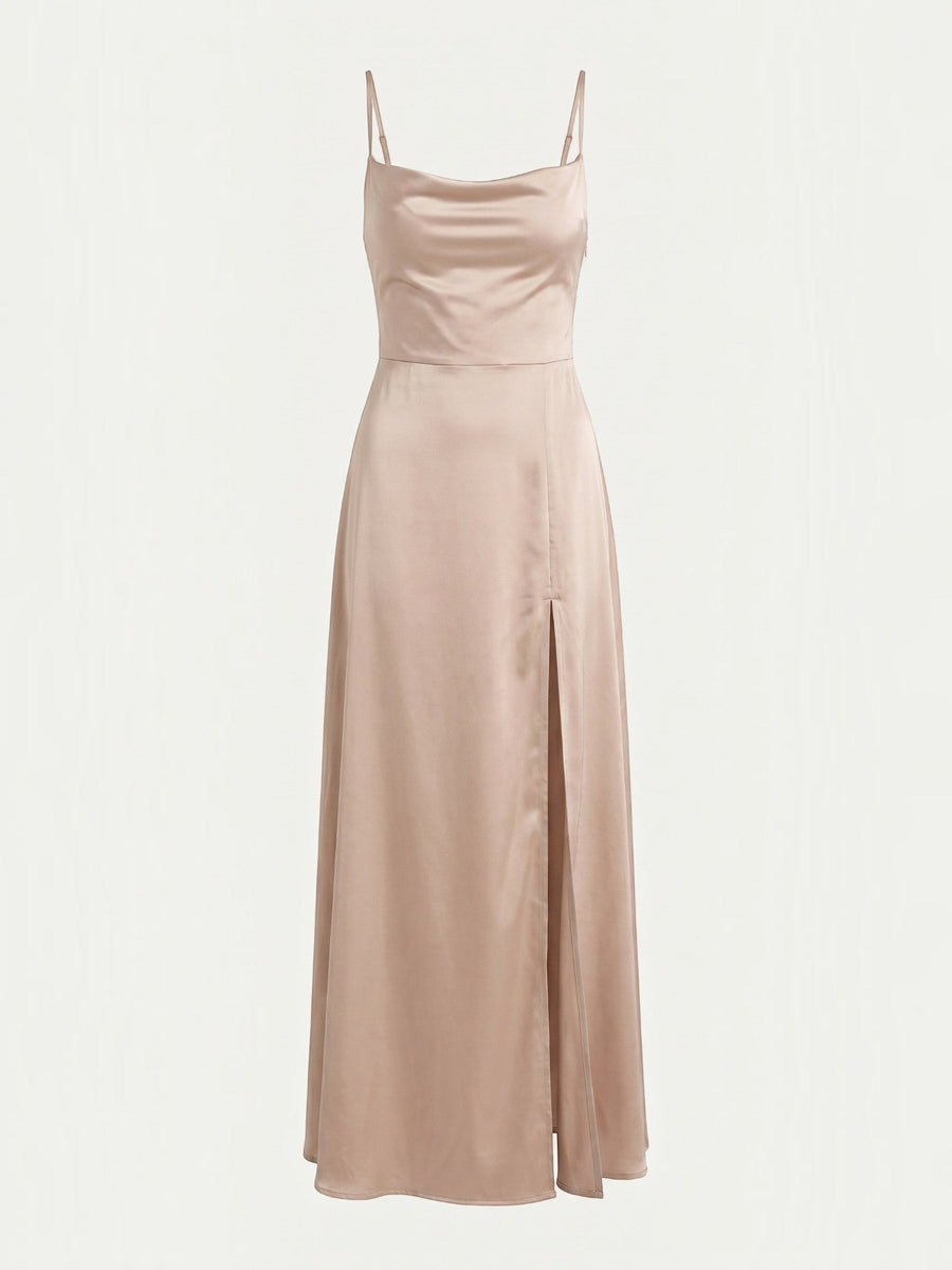 Indie Satin Cowl Neck Midi Dress with Slit