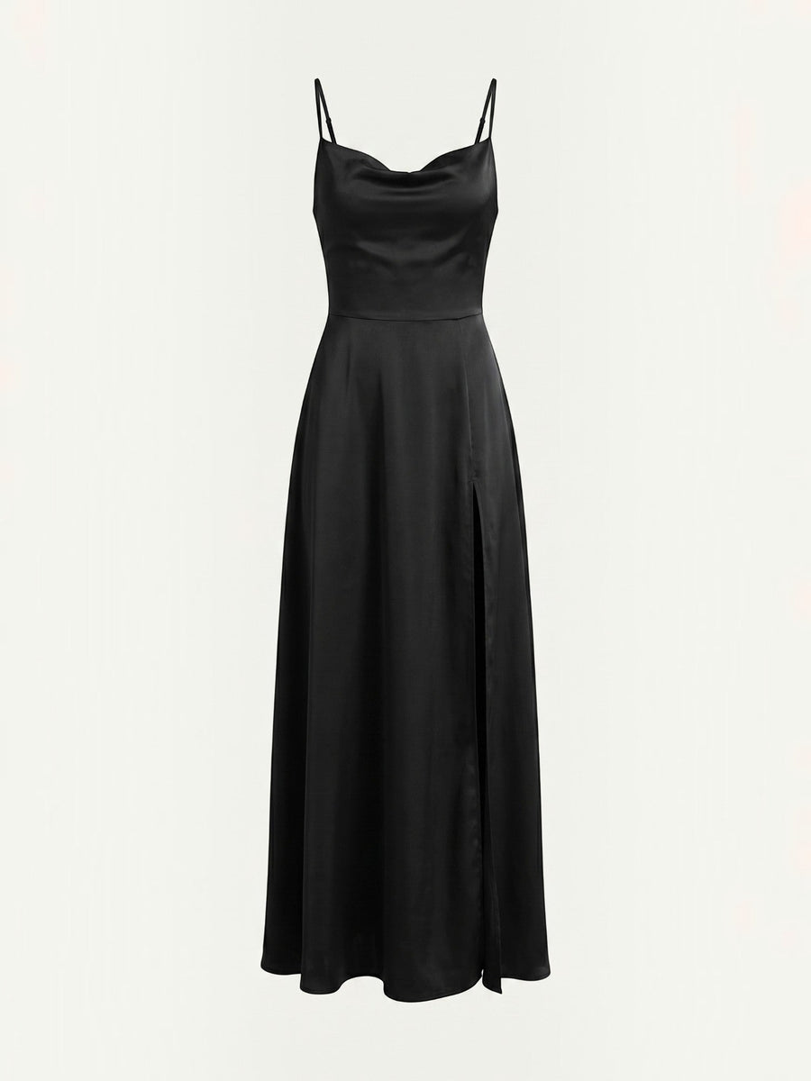 Indie Satin Cowl Neck Midi Dress with Slit