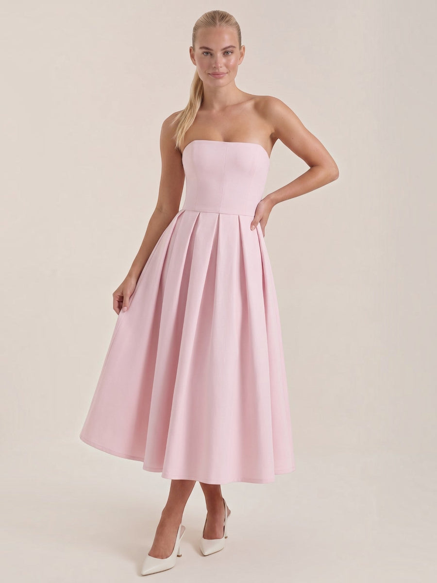 Yanna Strapless Pleated Skirt Midi Dress