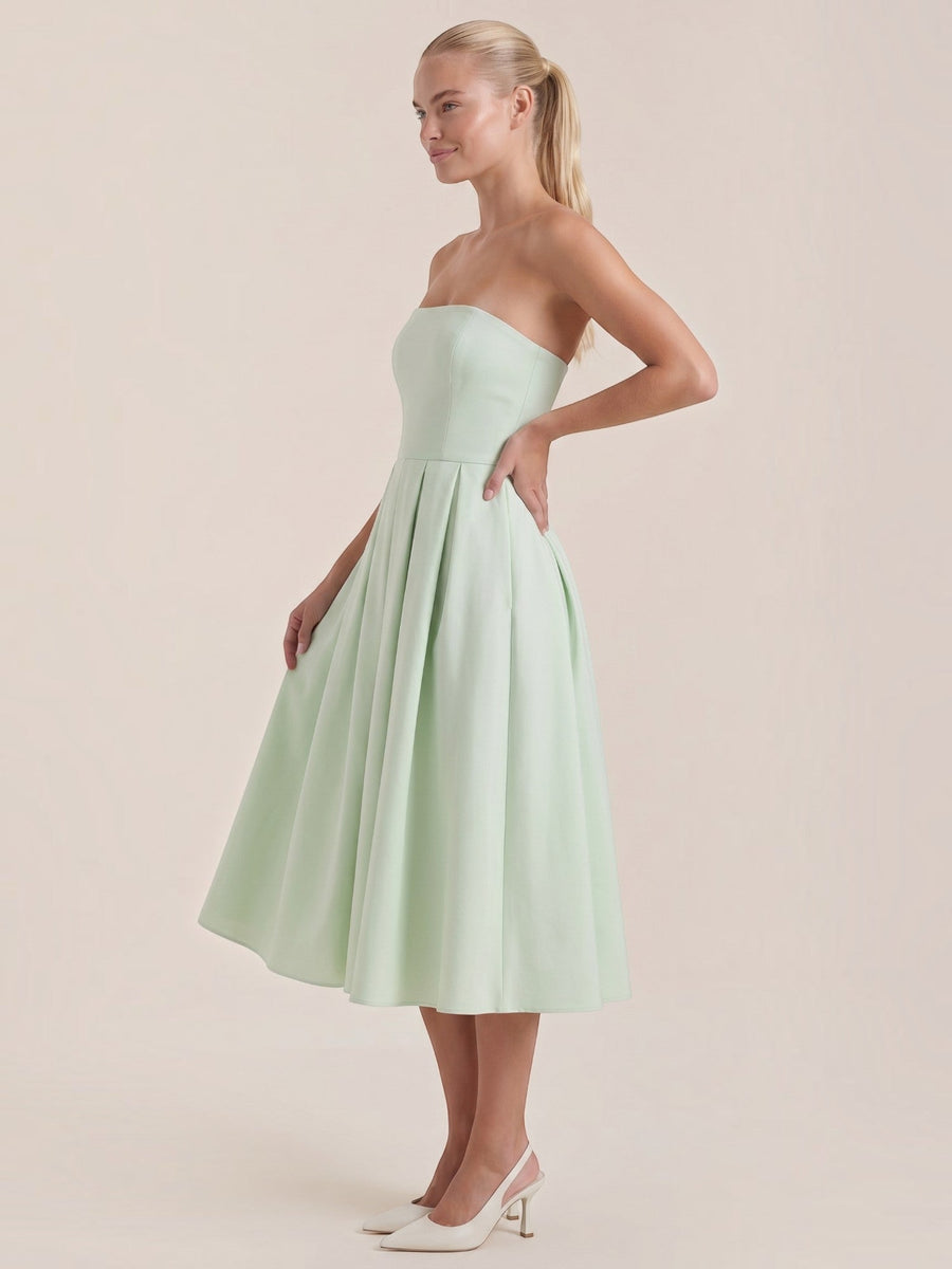 Yanna Strapless Pleated Skirt Midi Dress