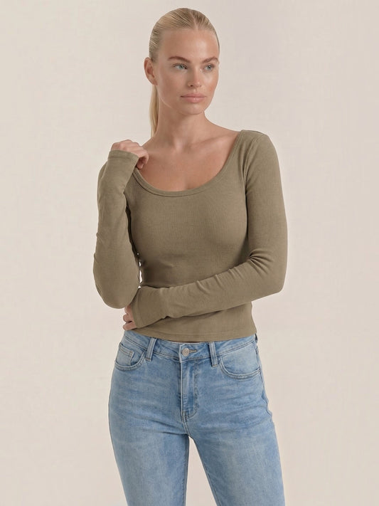 Marian Scoop Neck Ribbed Long Sleeve Top