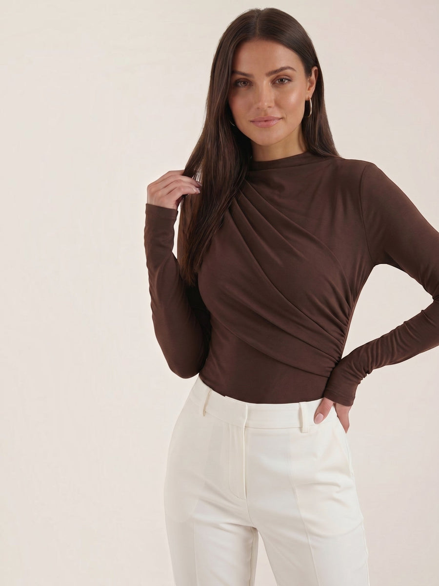Audrey Draped Stand Collar Long Sleeve Top