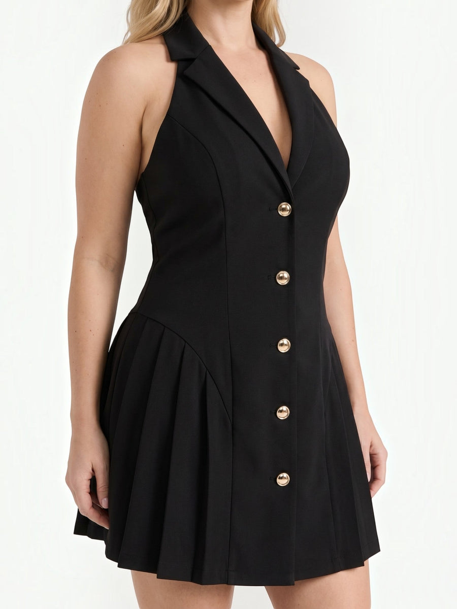 Ashley Gold Button Halter Neck Mini Dress