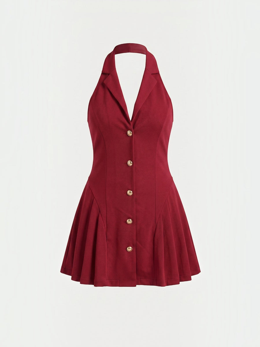 Ashley Gold Button Halter Neck Mini Dress