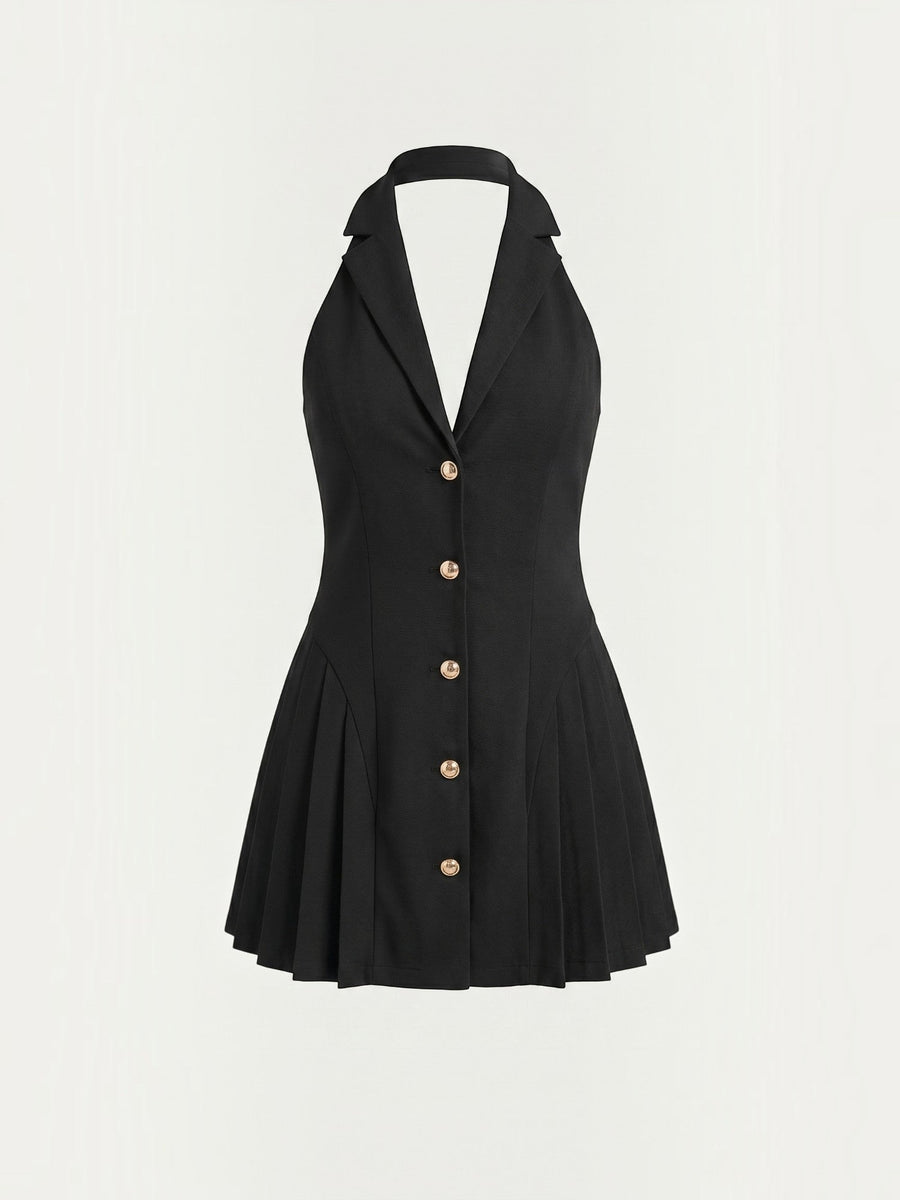 Ashley Gold Button Halter Neck Mini Dress