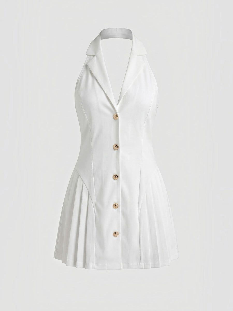 Ashley Gold Button Halter Neck Mini Dress