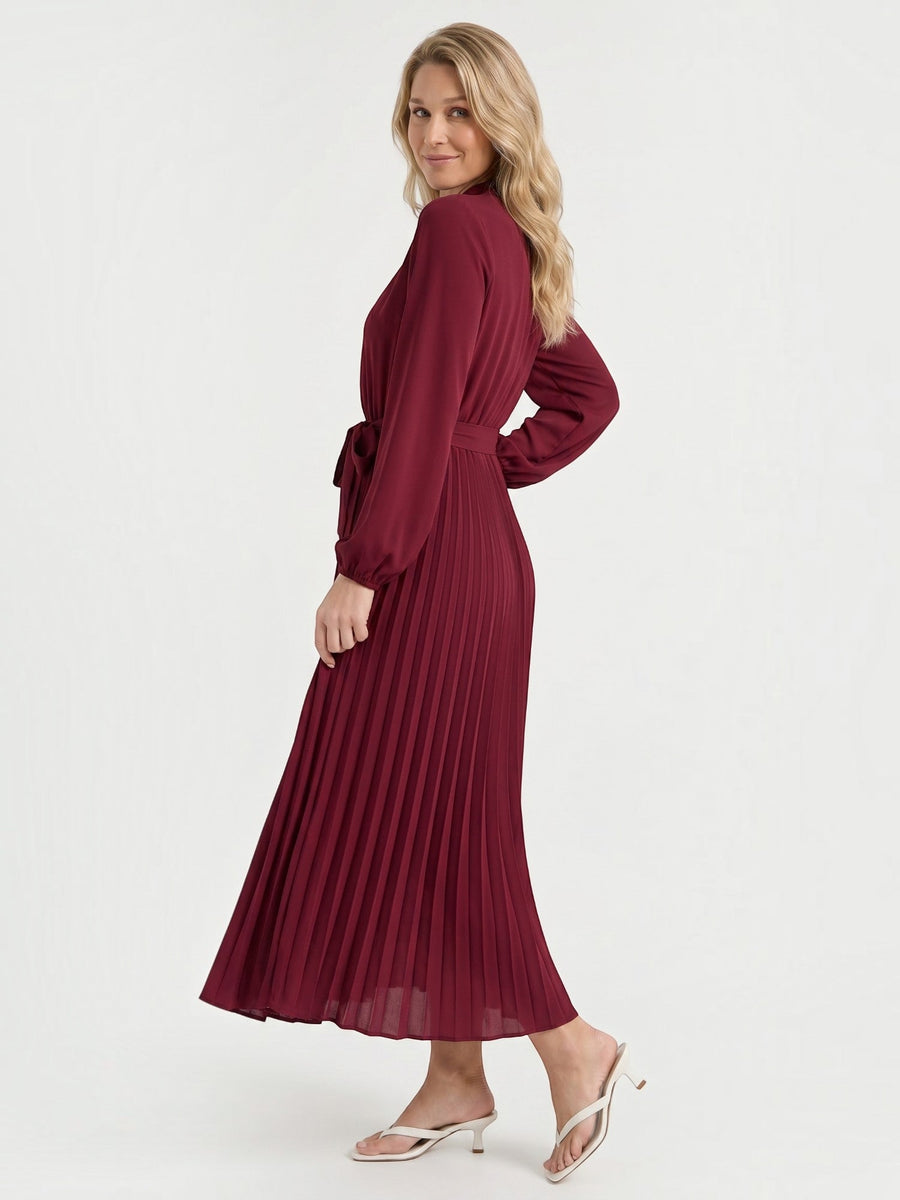 Misty Pleated Midi Dress with Tie Belt