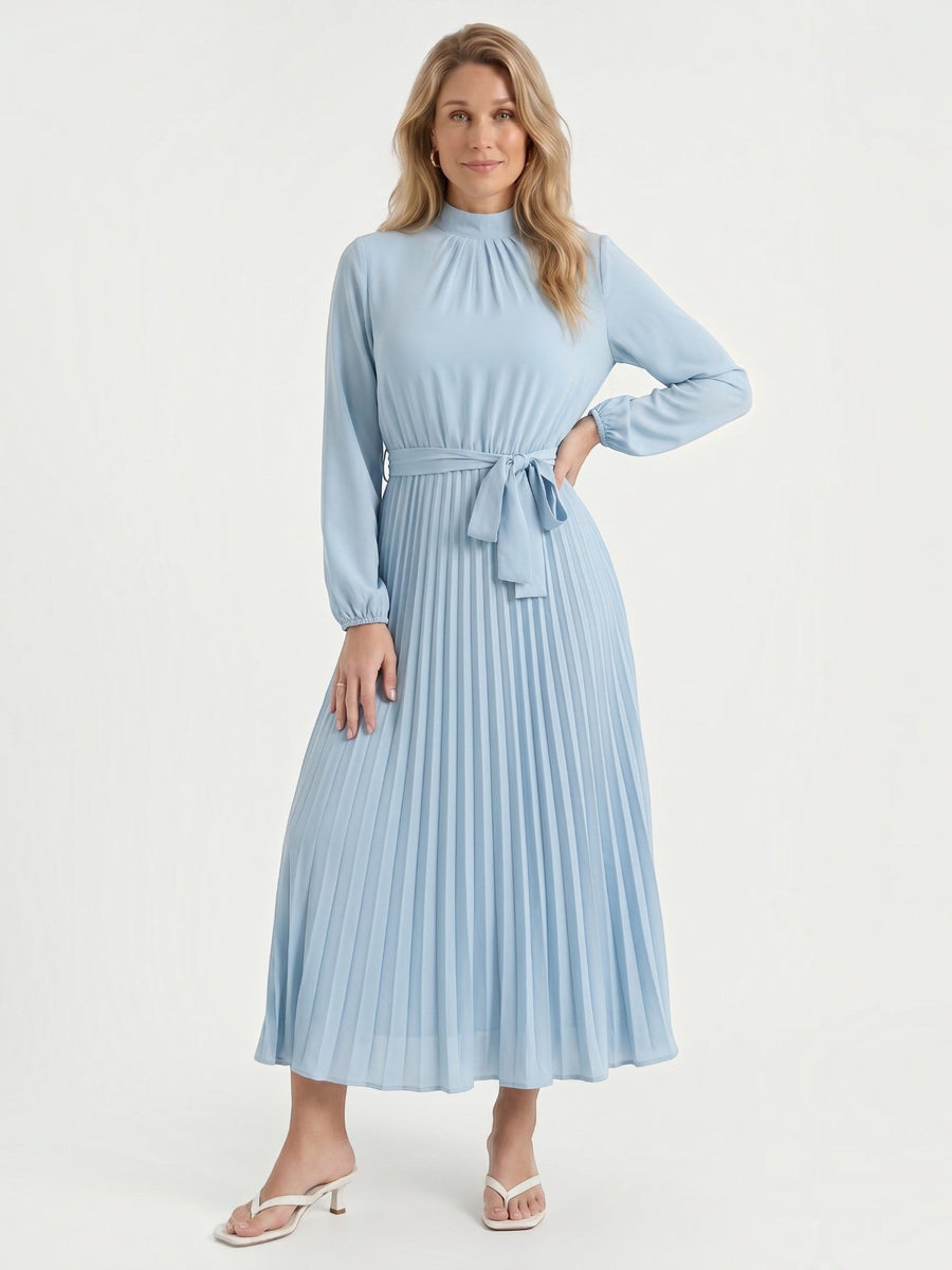 Misty Pleated Midi Dress with Tie Belt