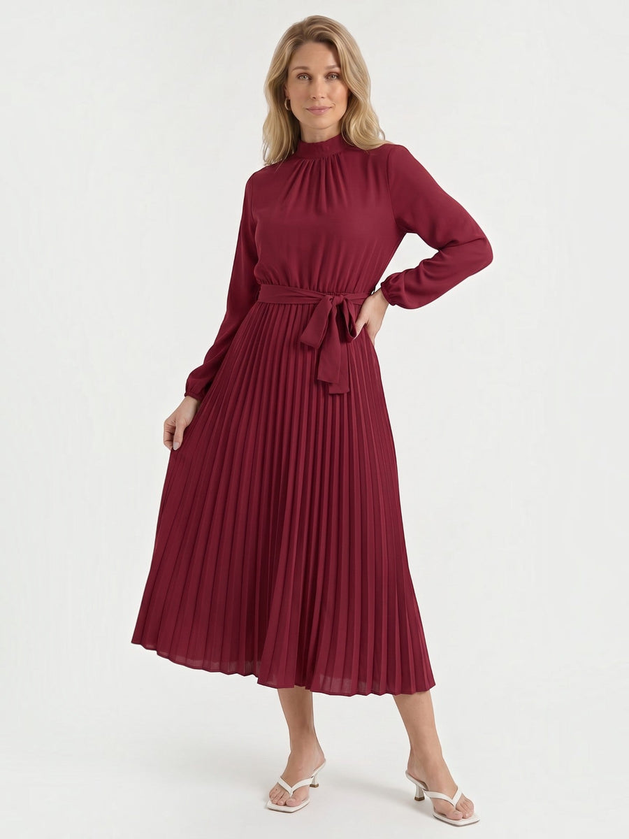 Misty Pleated Midi Dress with Tie Belt