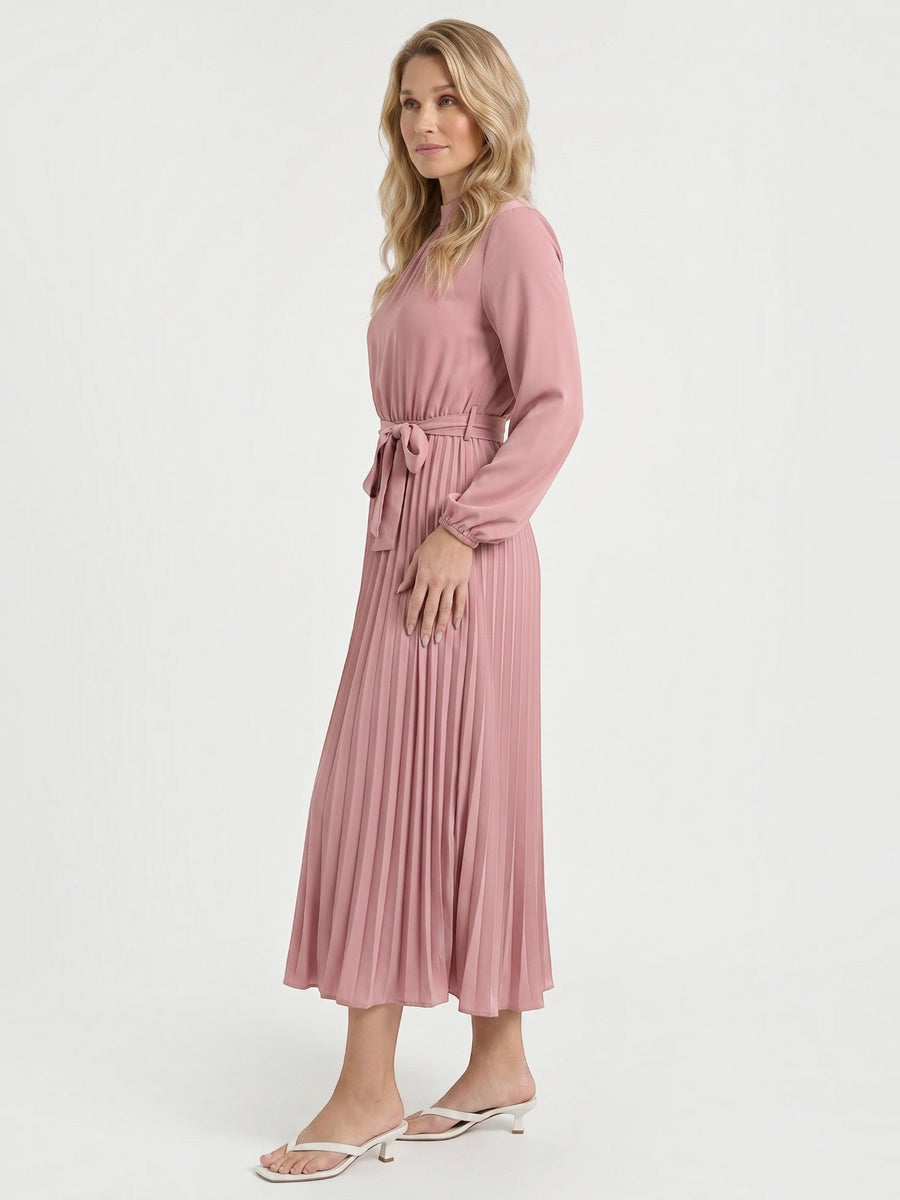 Misty Pleated Midi Dress with Tie Belt