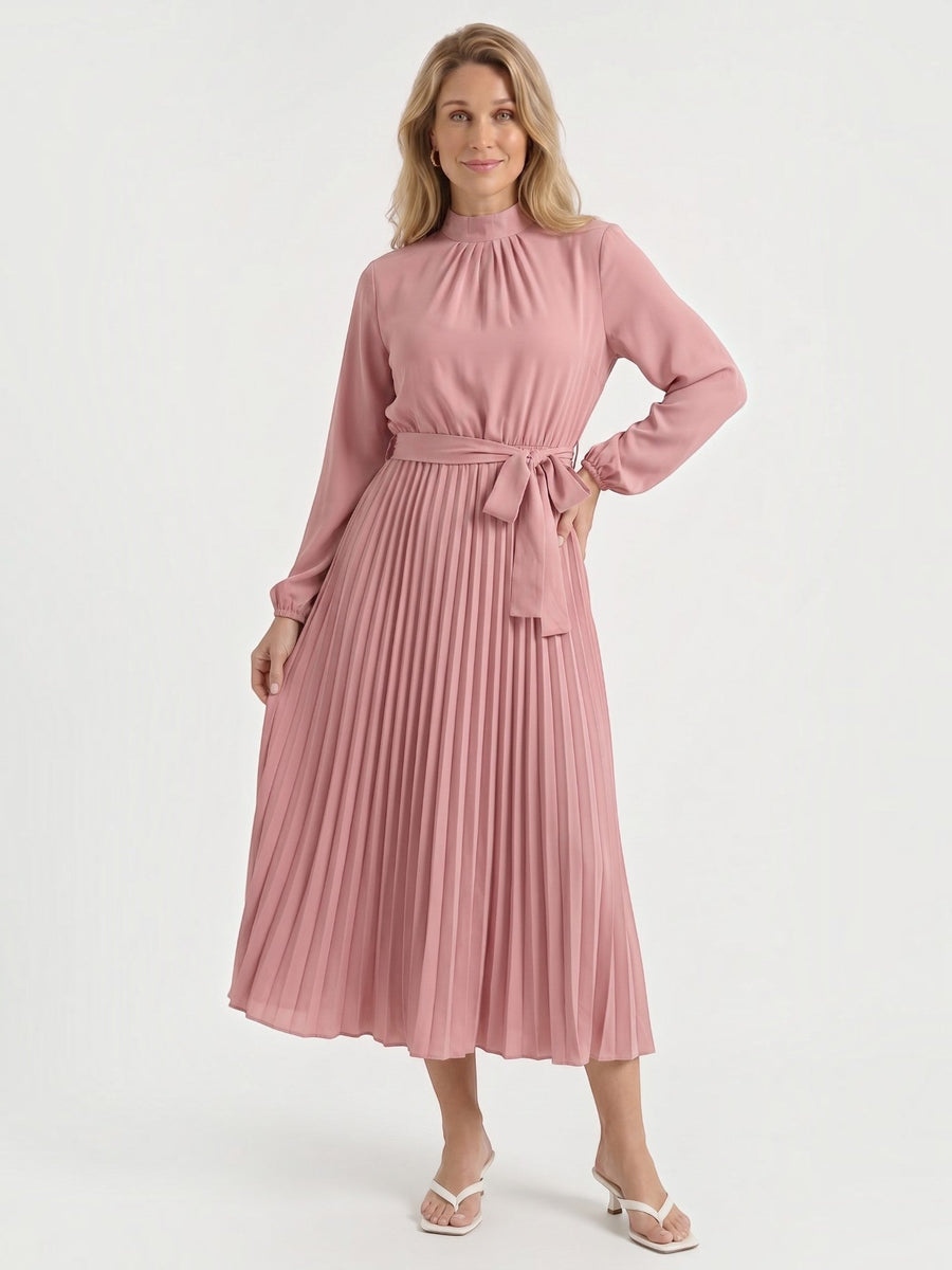Misty Pleated Midi Dress with Tie Belt