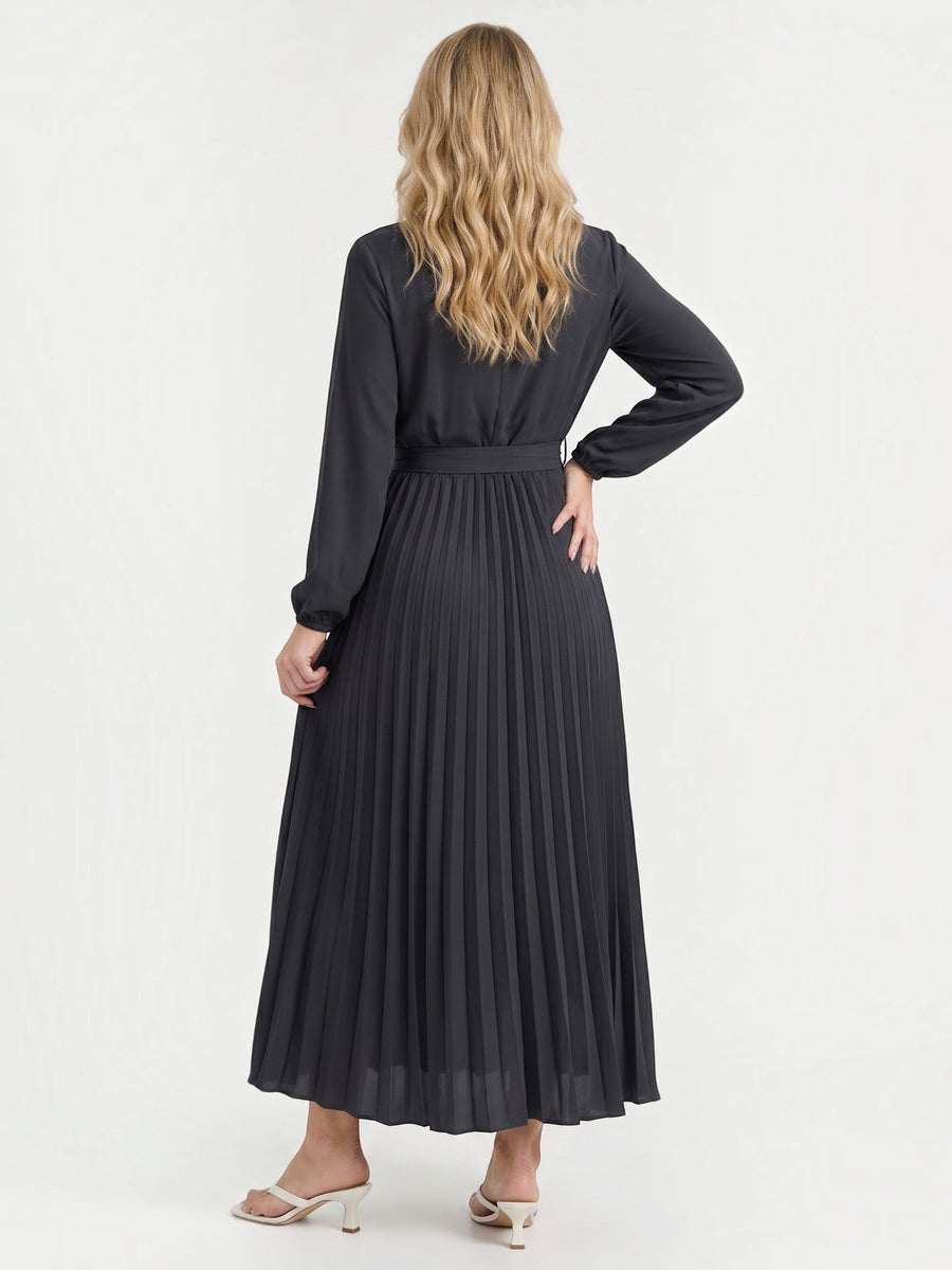 Misty Pleated Midi Dress with Tie Belt