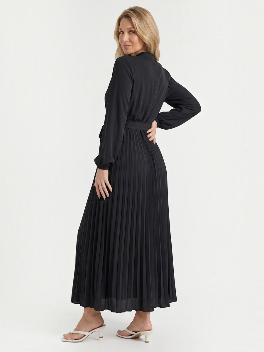 Misty Pleated Midi Dress with Tie Belt