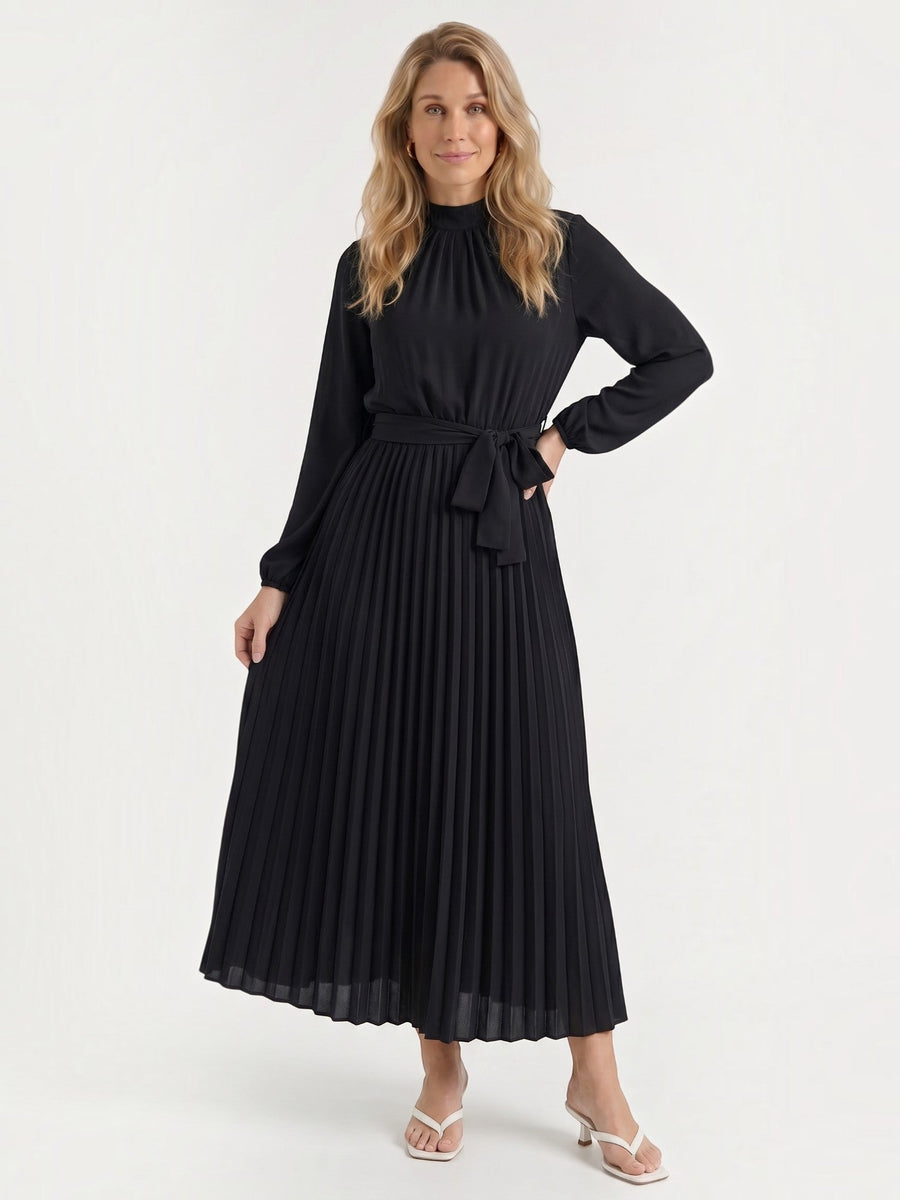 Misty Pleated Midi Dress with Tie Belt