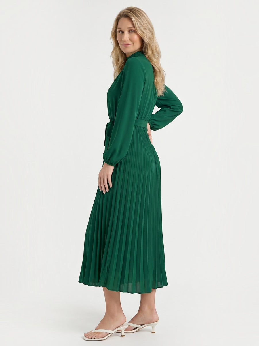 Misty Pleated Midi Dress with Tie Belt