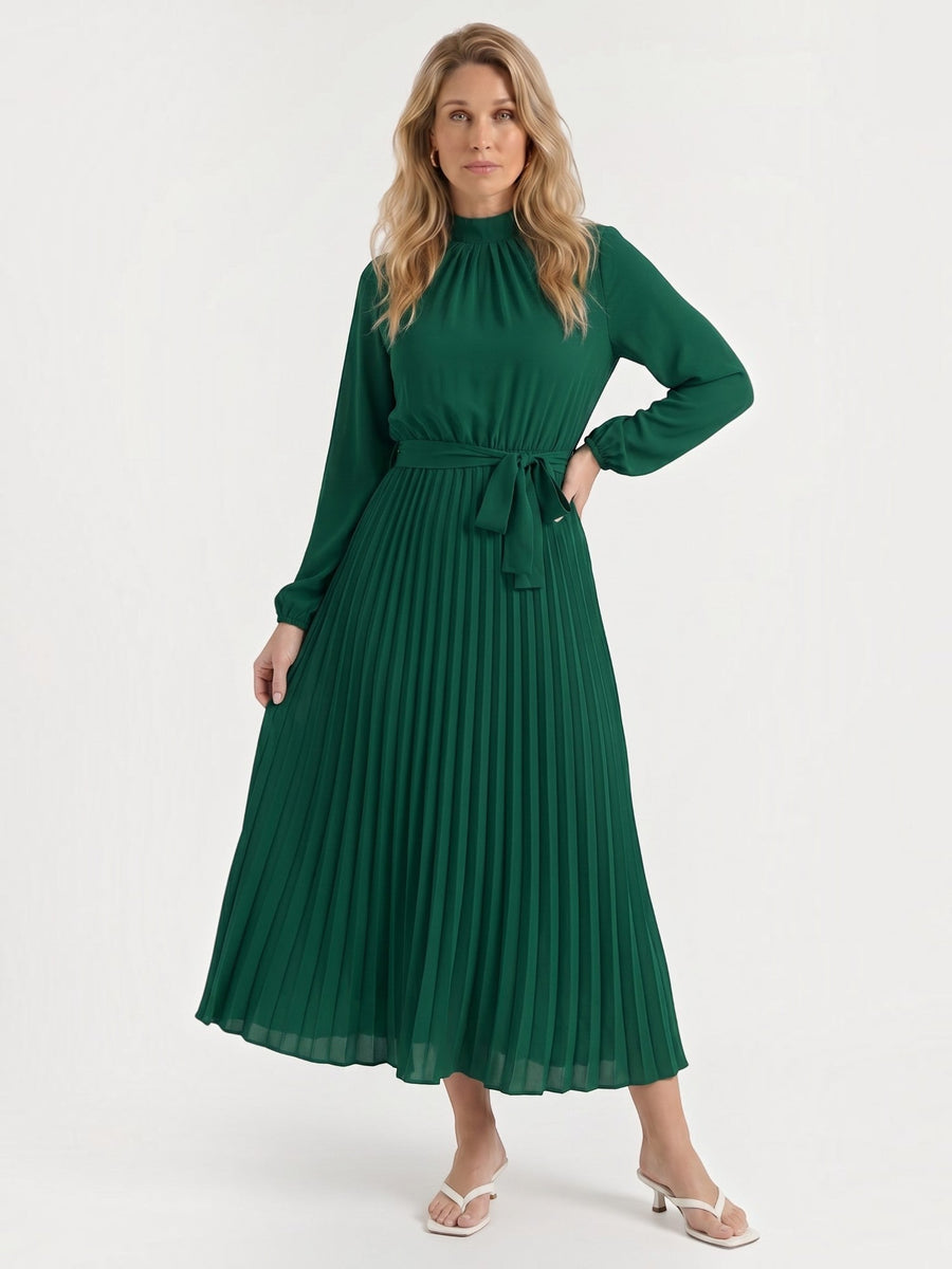 Misty Pleated Midi Dress with Tie Belt