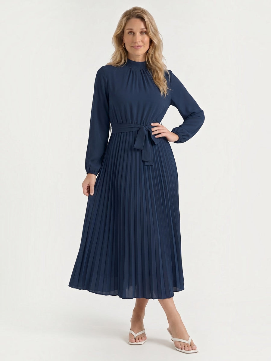 Misty Pleated Midi Dress with Tie Belt