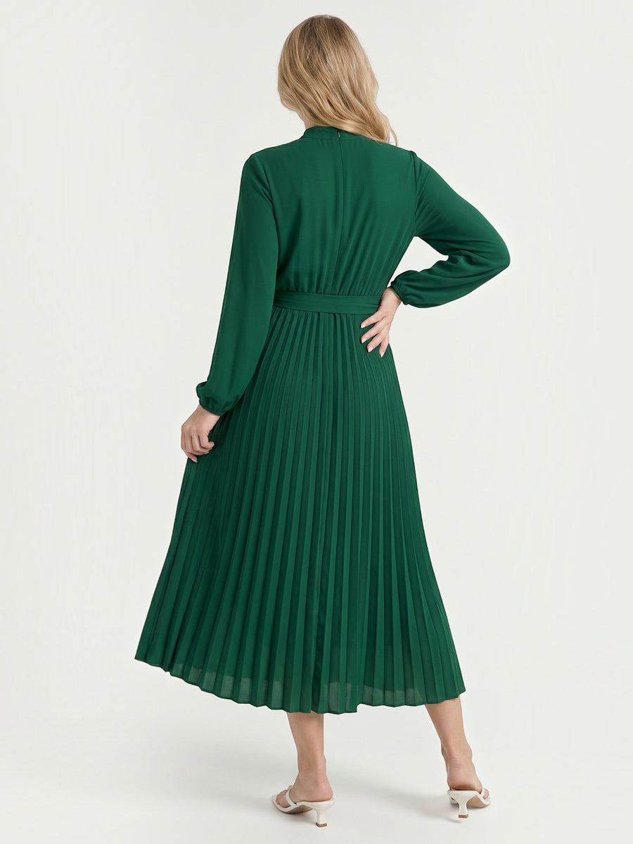 Misty Pleated Midi Dress with Tie Belt