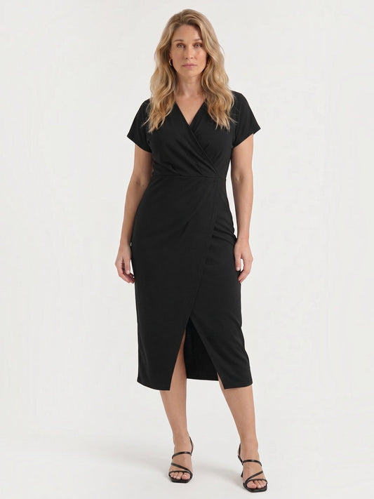 Raina Short Sleeve Wrap Midi Dress with Slit