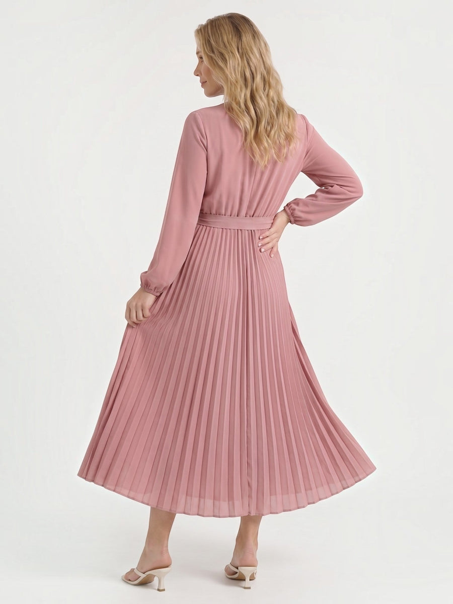 Misty Pleated Midi Dress with Tie Belt