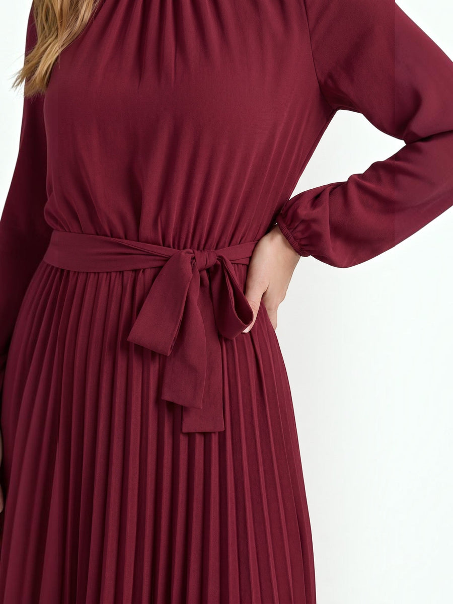 Misty Pleated Midi Dress with Tie Belt