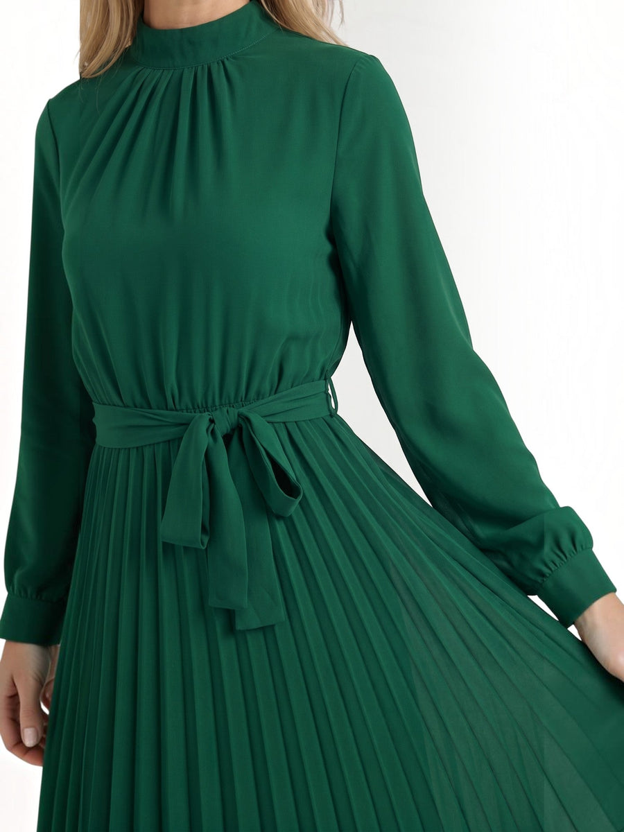 Misty Pleated Midi Dress with Tie Belt