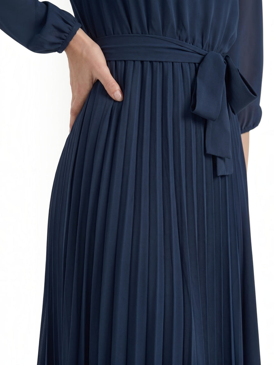 Misty Pleated Midi Dress with Tie Belt
