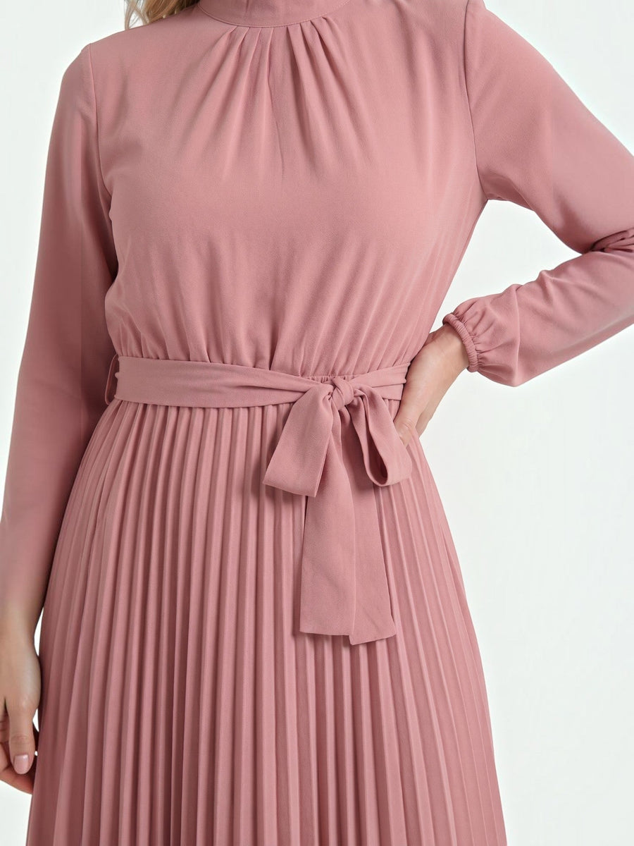 Misty Pleated Midi Dress with Tie Belt