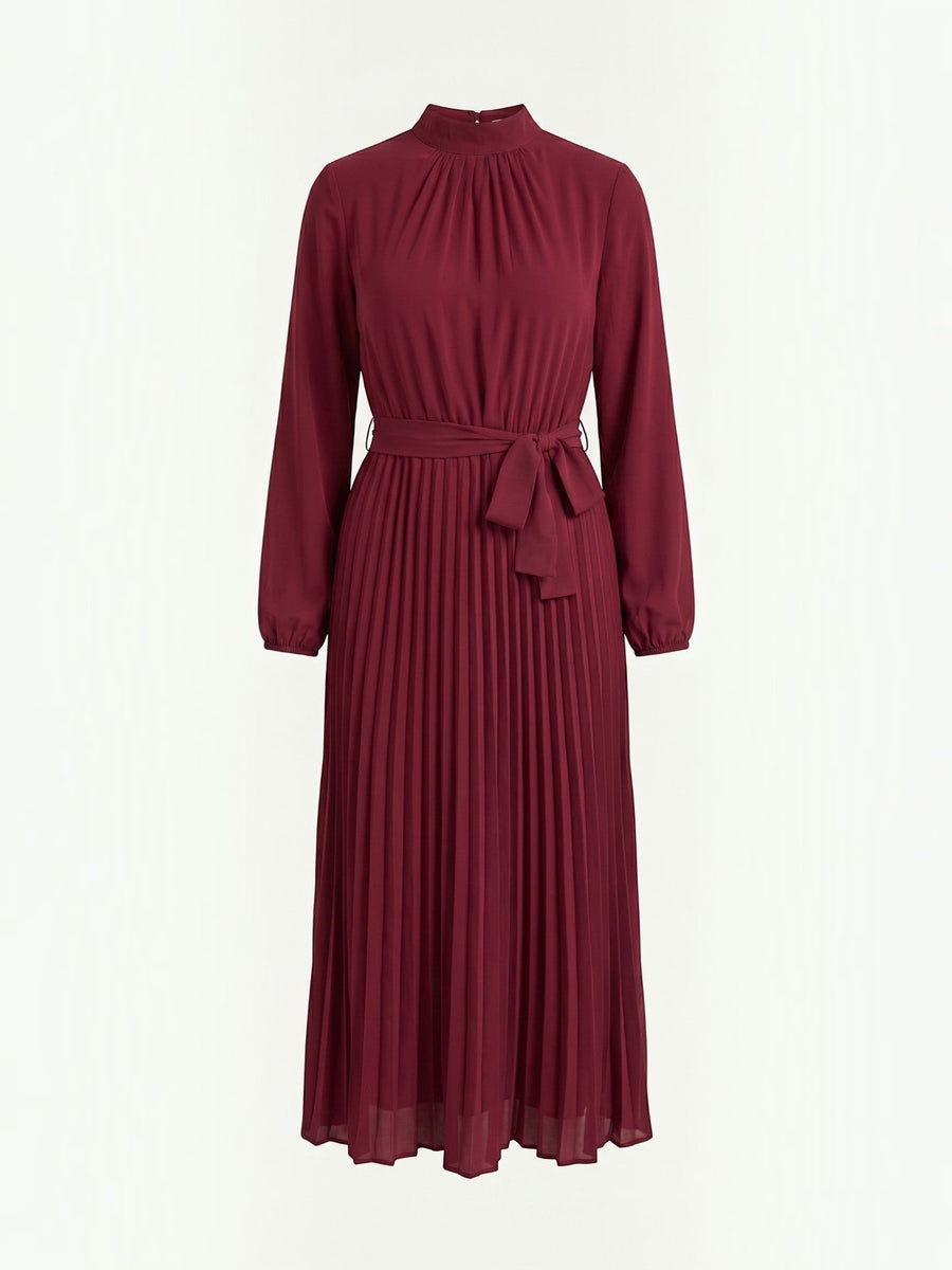 Misty Pleated Midi Dress with Tie Belt