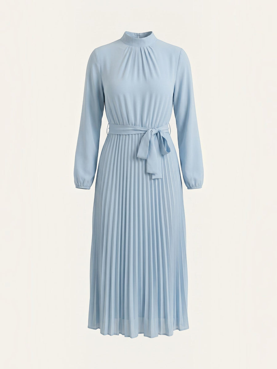 Misty Pleated Midi Dress with Tie Belt