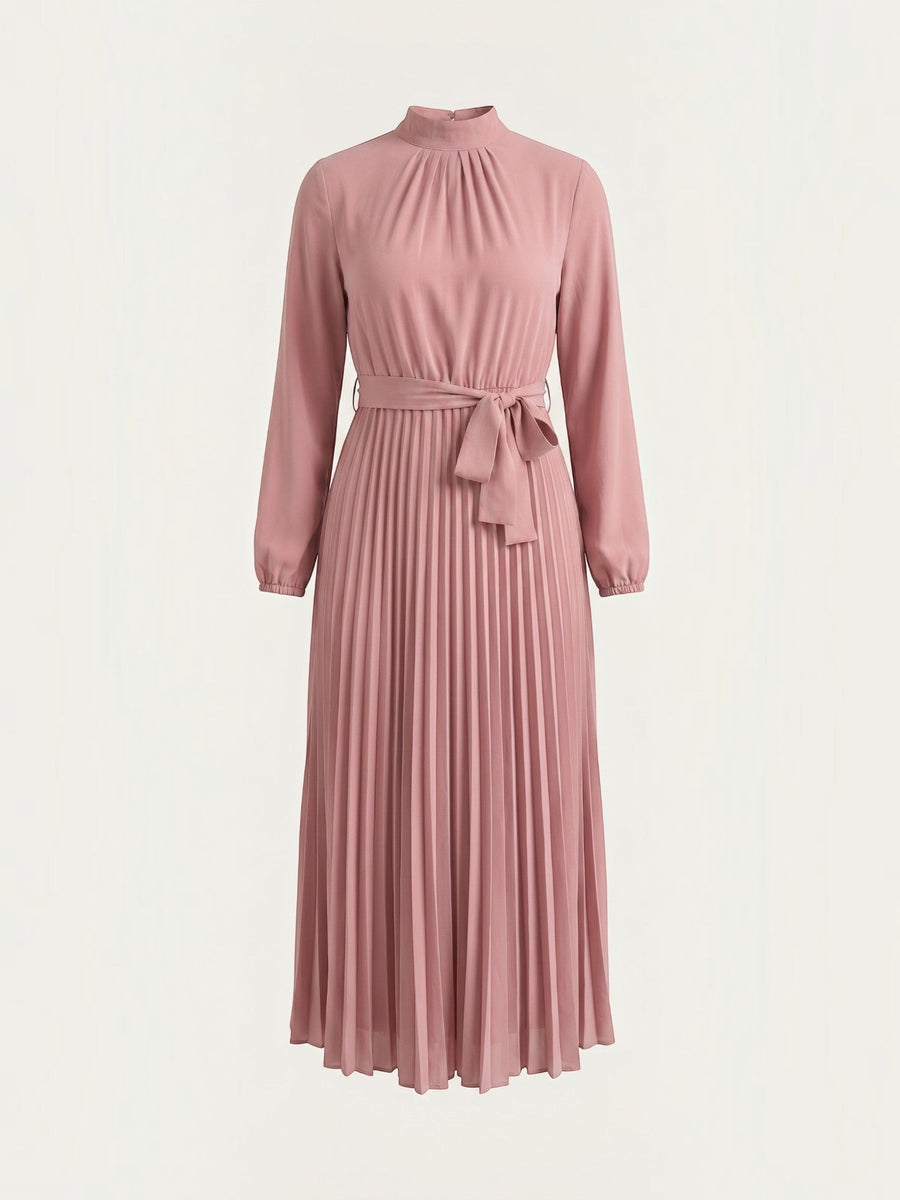 Misty Pleated Midi Dress with Tie Belt
