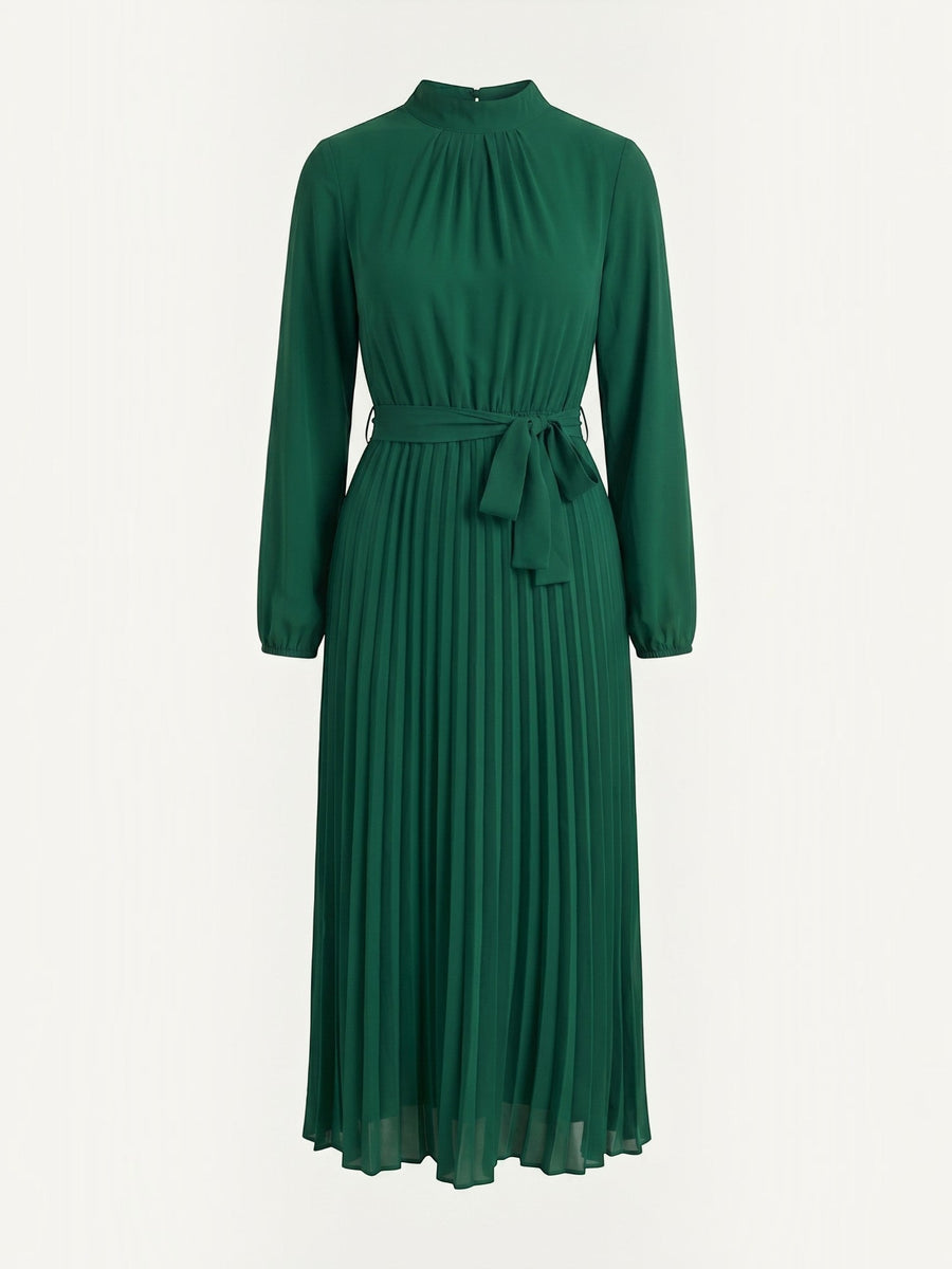 Misty Pleated Midi Dress with Tie Belt