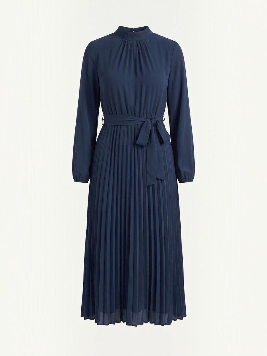 Misty Pleated Midi Dress with Tie Belt