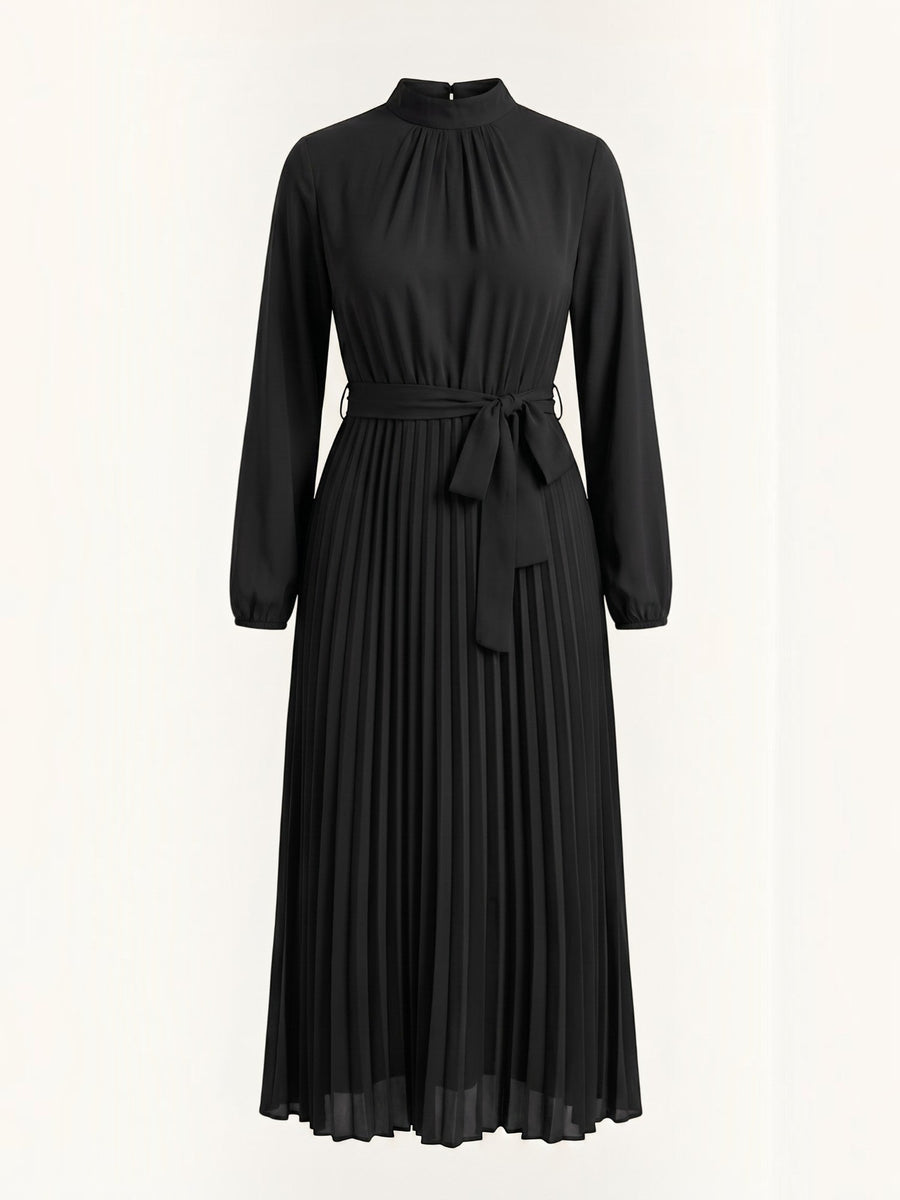 Misty Pleated Midi Dress with Tie Belt