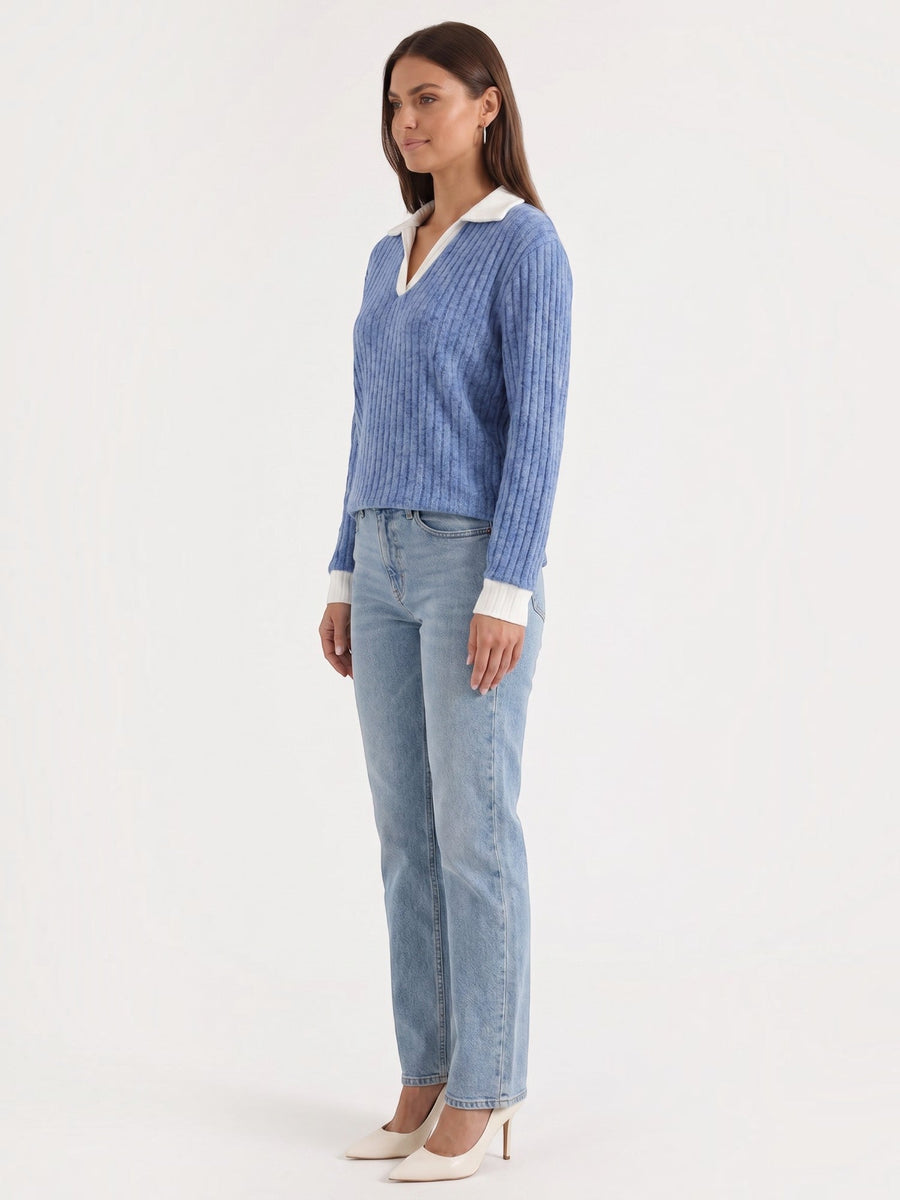 Althea Contrast Collar V Neck Knit Sweater