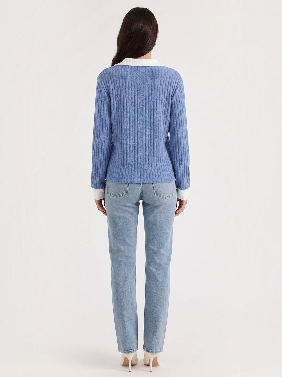 Althea Contrast Collar V Neck Knit Sweater