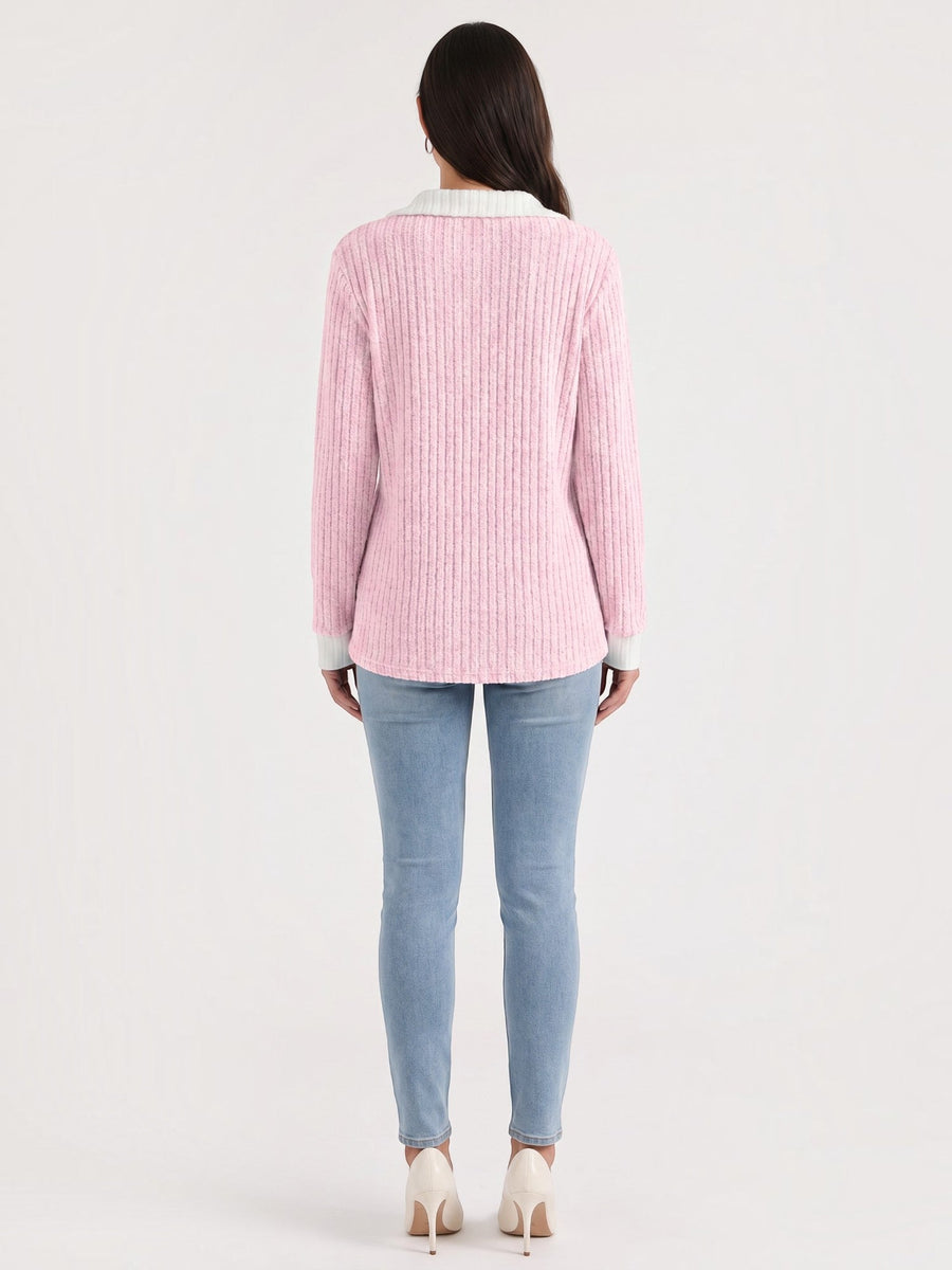 Althea Contrast Collar V Neck Knit Sweater