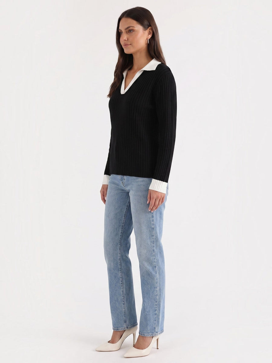 Althea Contrast Collar V Neck Knit Sweater