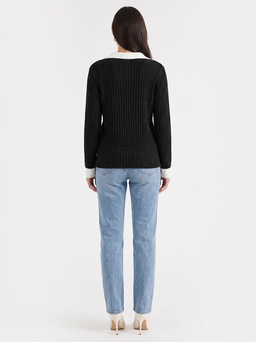 Althea Contrast Collar V Neck Knit Sweater